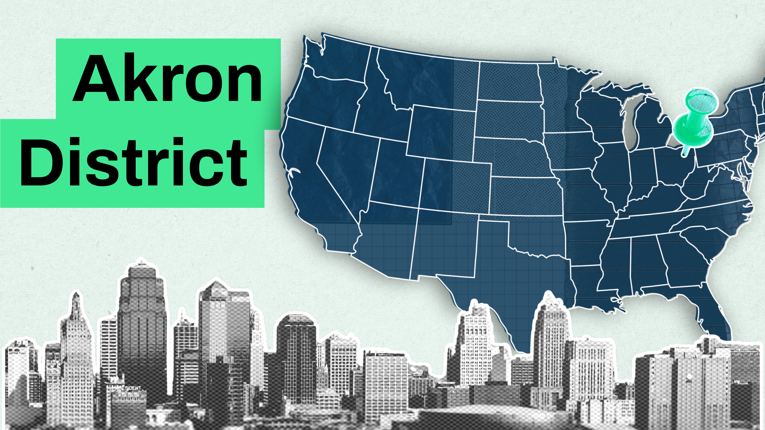 Map of the states with pin on the city of Akron 