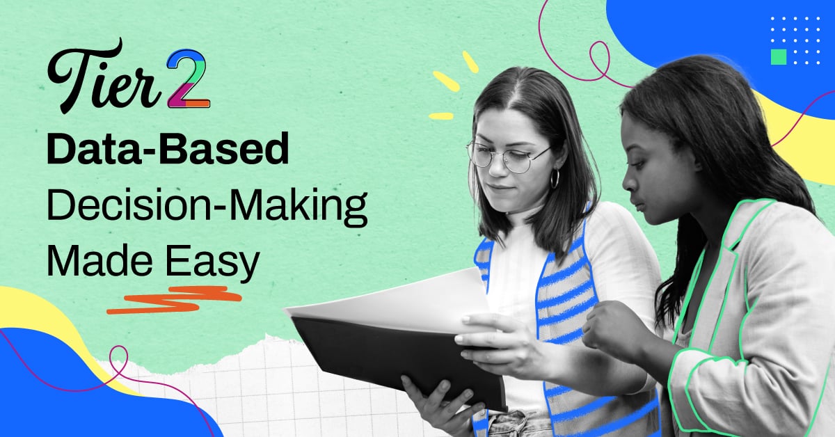Two girls looks at files - with text that says Tier 2 Data-based decision making made easy