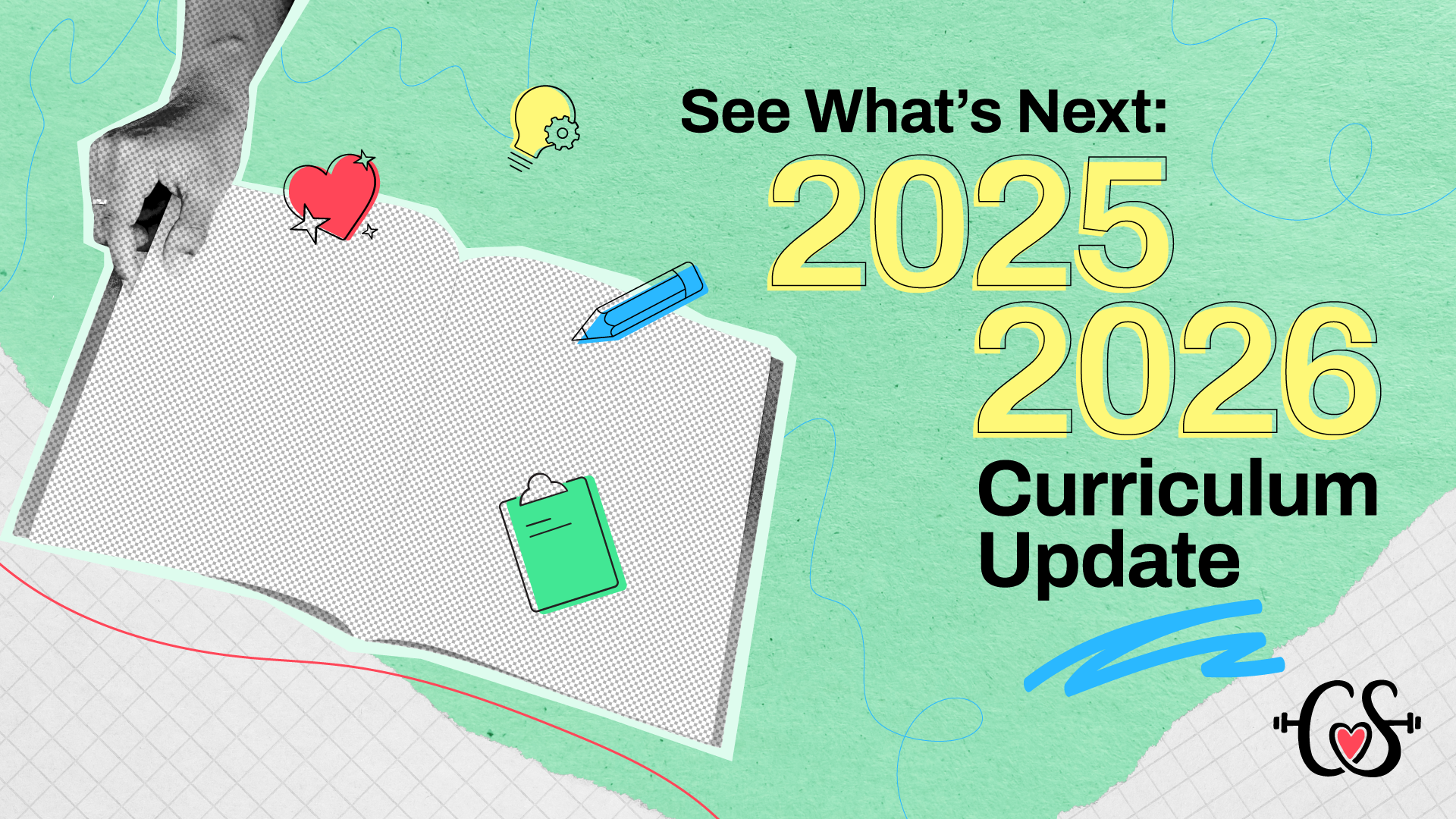 Notebook with a green background and icons, titled '2025–2026 Curriculum Updates